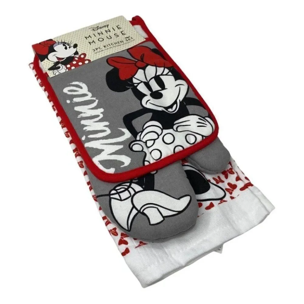 New Disney MINNIE MOUSE 3PC Kitchen‎ Towel Oven Mitt Pot Holder Set Bow Ears